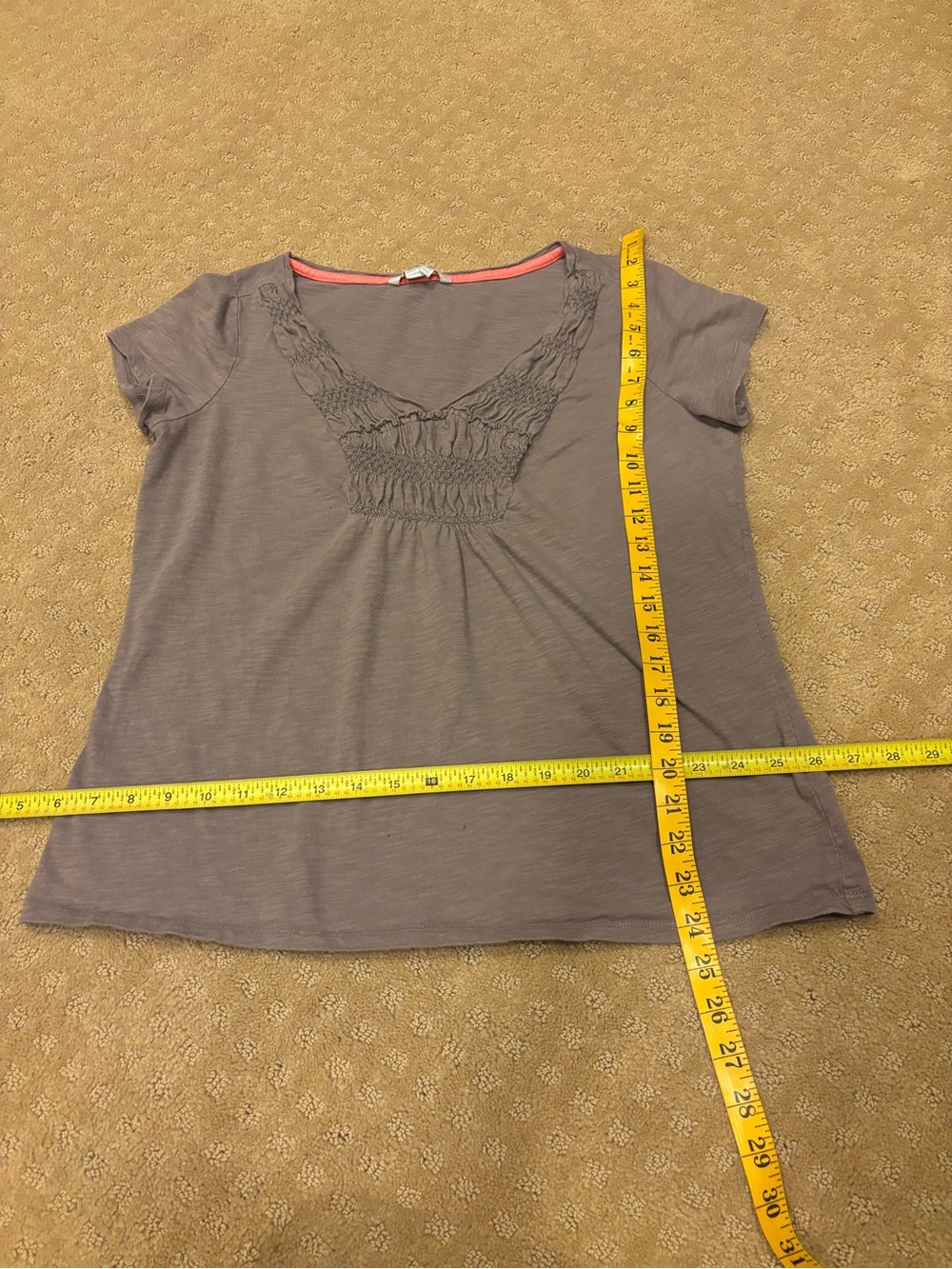 Boden Women’s Top US 12 Taupe Gray Smocked Ruched V Neck Cotton Short Sl